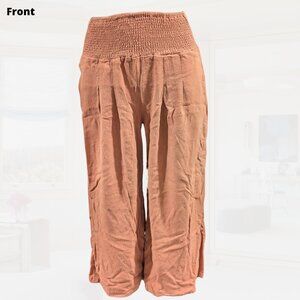 [EUC] Linen/Rayon Blend wide leg Casual pants - smocked waist - size S (orange)